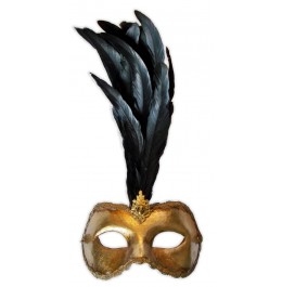 Golden Colombina Mask with Black Feathers